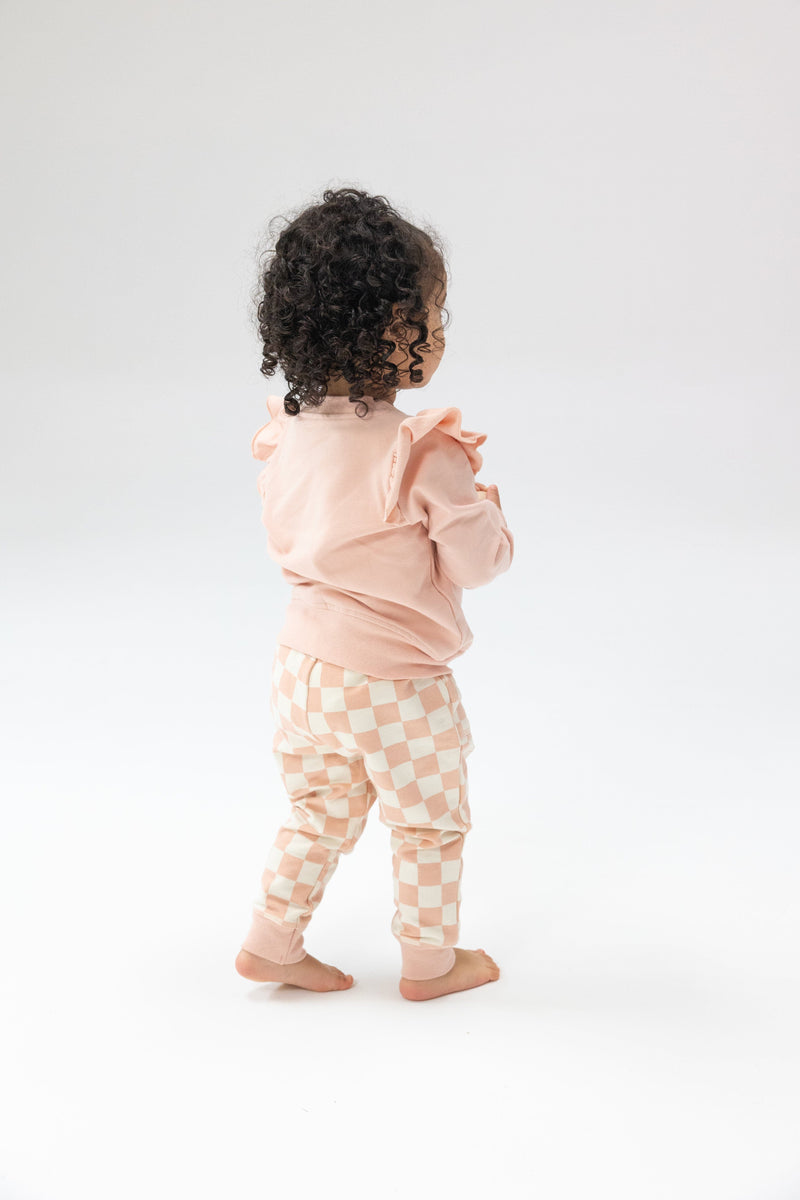 Angel Dear | French Terry Checkerboard Pink Ruffle Patch Sweatshirt & Jogger