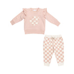 Angel Dear | French Terry Checkerboard Pink Ruffle Patch Sweatshirt & Jogger