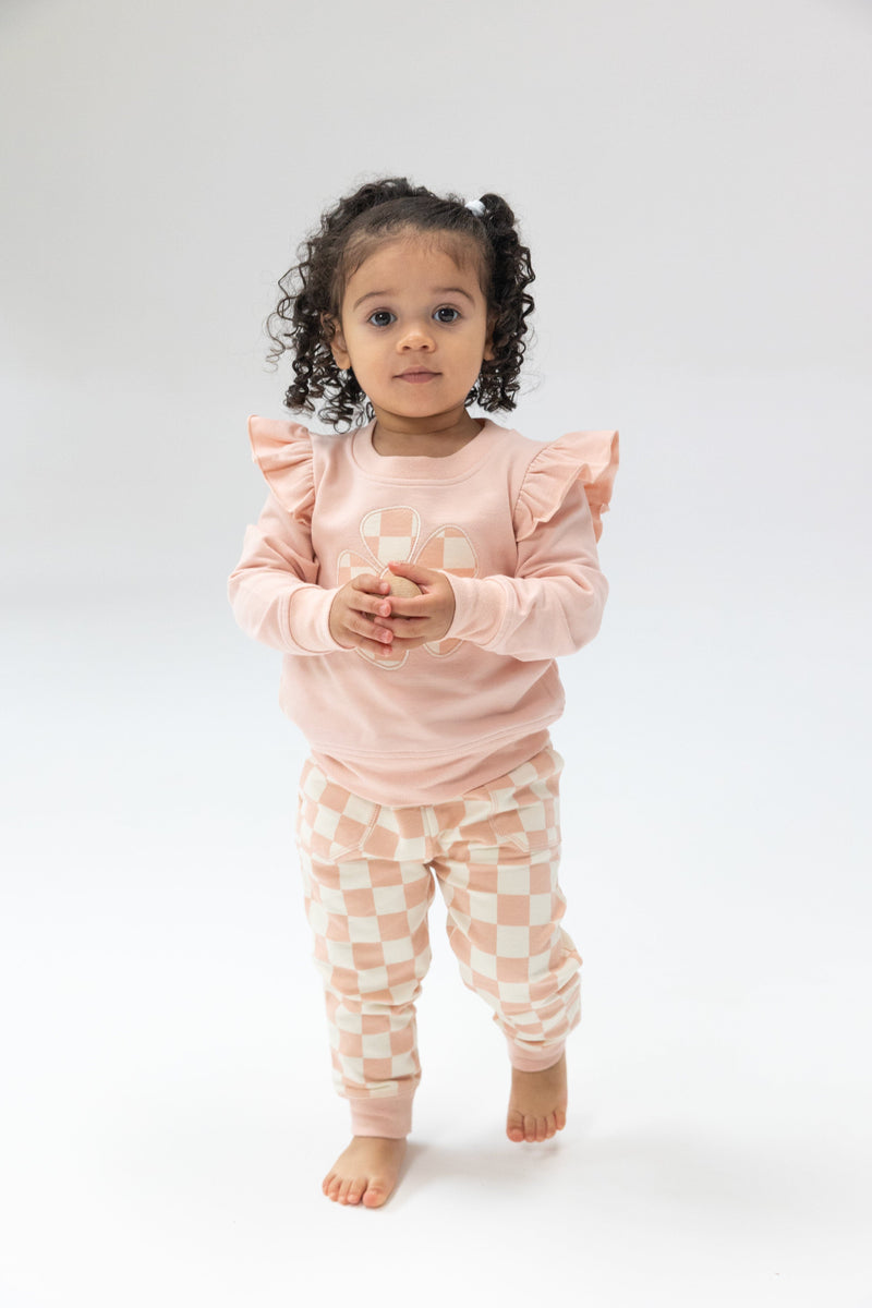 Angel Dear | French Terry Checkerboard Pink Ruffle Patch Sweatshirt & Jogger