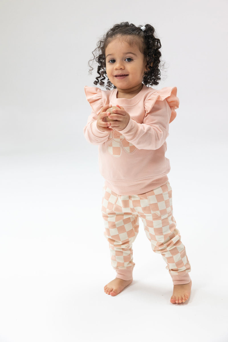 Angel Dear | French Terry Checkerboard Pink Ruffle Patch Sweatshirt & Jogger