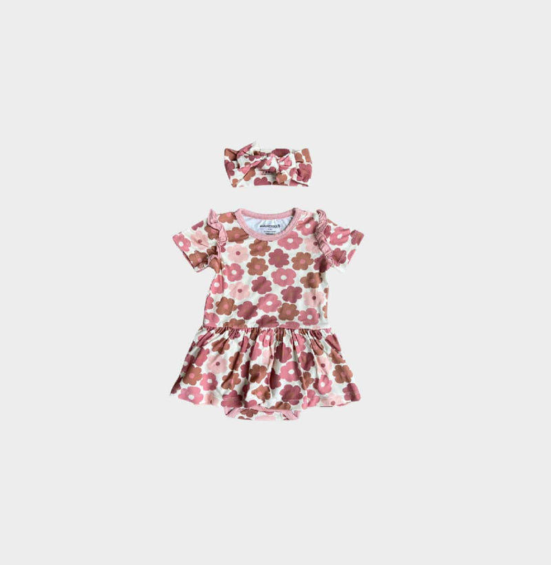 babysprouts | Ruffle Bodysuit Dress & Headband - Retro Bloom